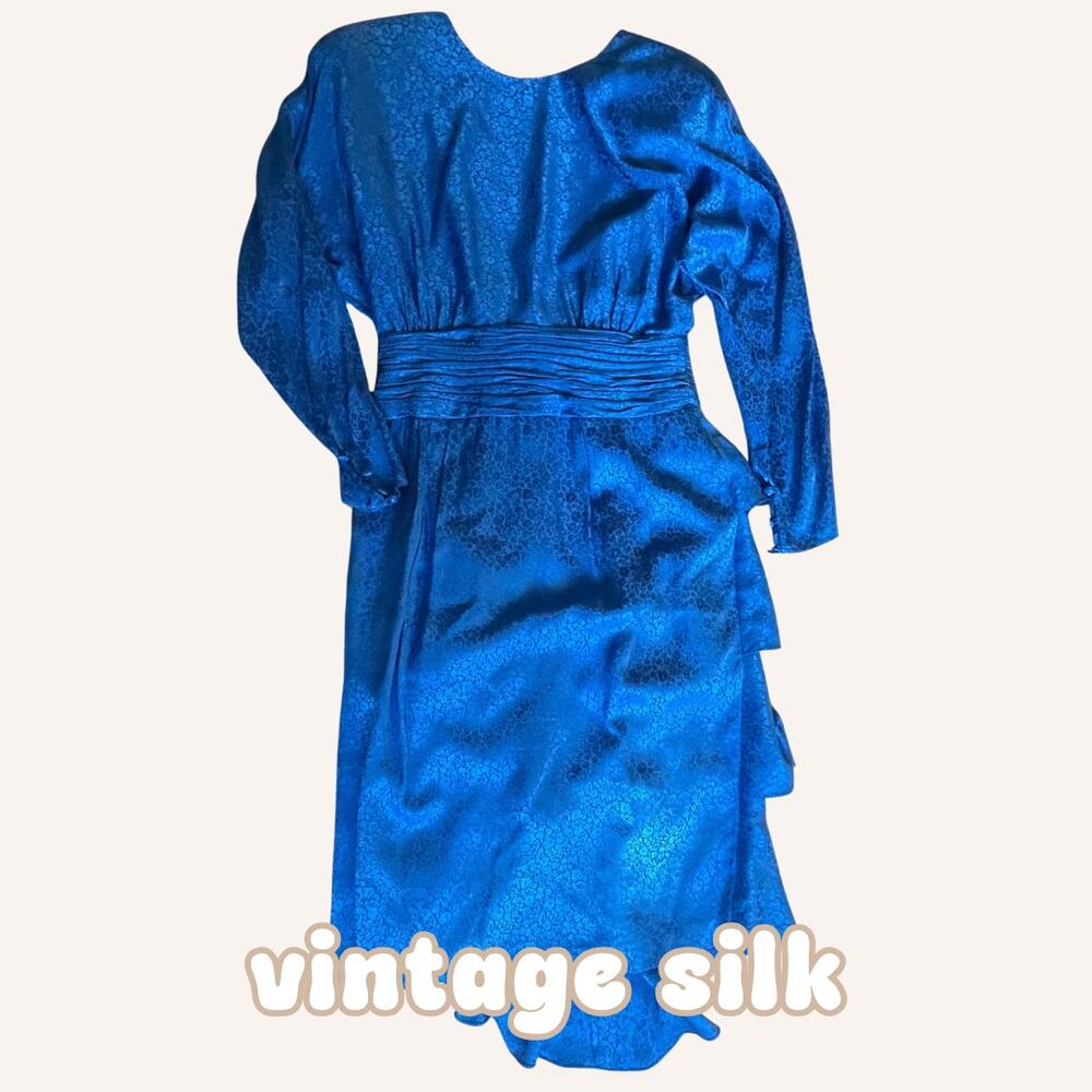 SILKS BY ST GILLIAN dress royal blue 10 silk vintage 80s jacquard ruffle party
